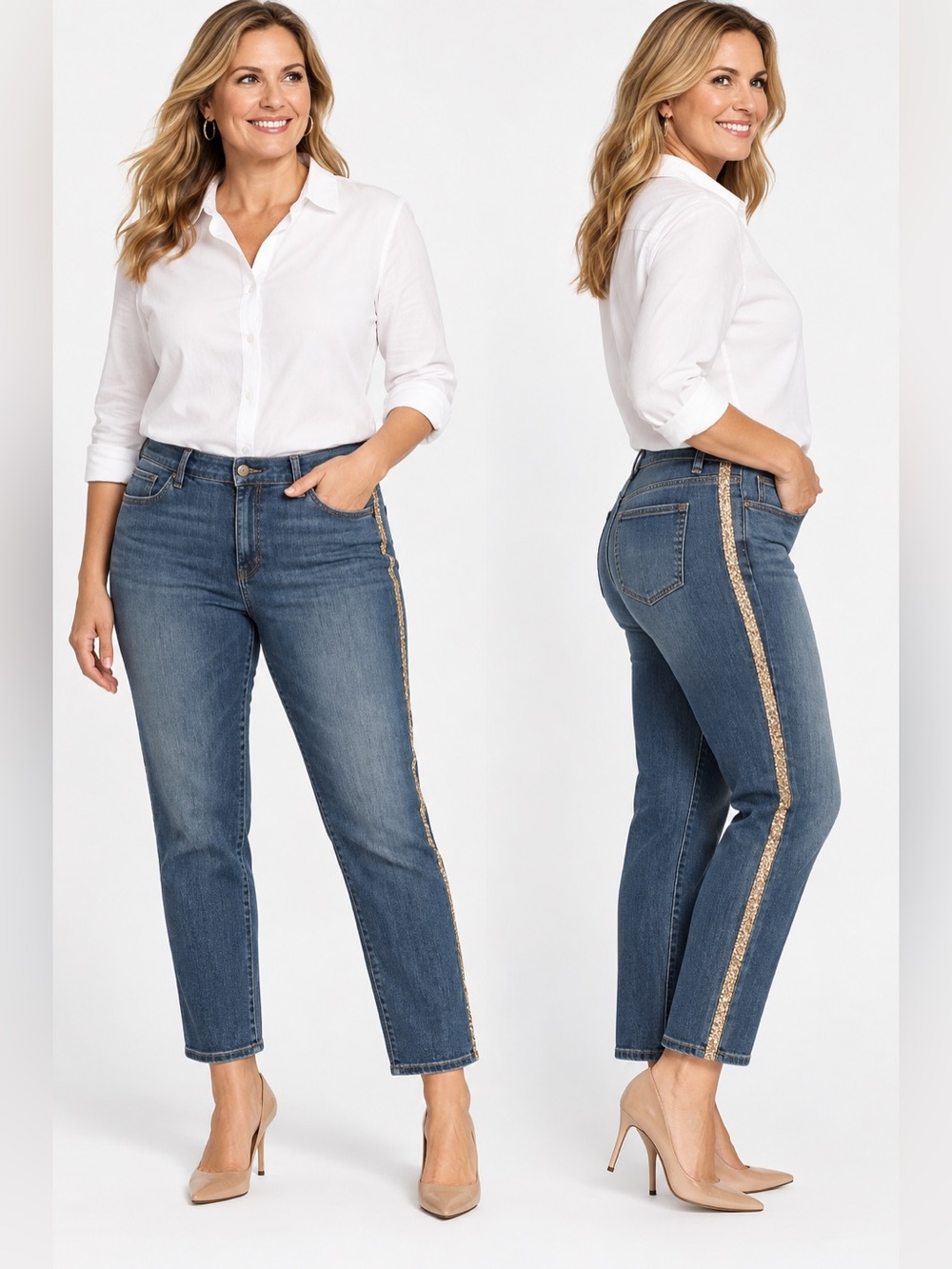 Chico’s 2.5 14 So Slimming Girlfriend Ankle Jeans Rhinestone Stripe